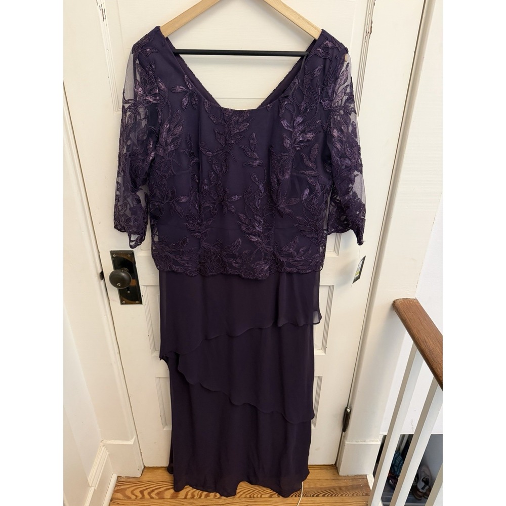 Le Bos Women's Purple Lace‎ Layered Dress MOB Maxi 3/4 Sleeves Size 14 New $138